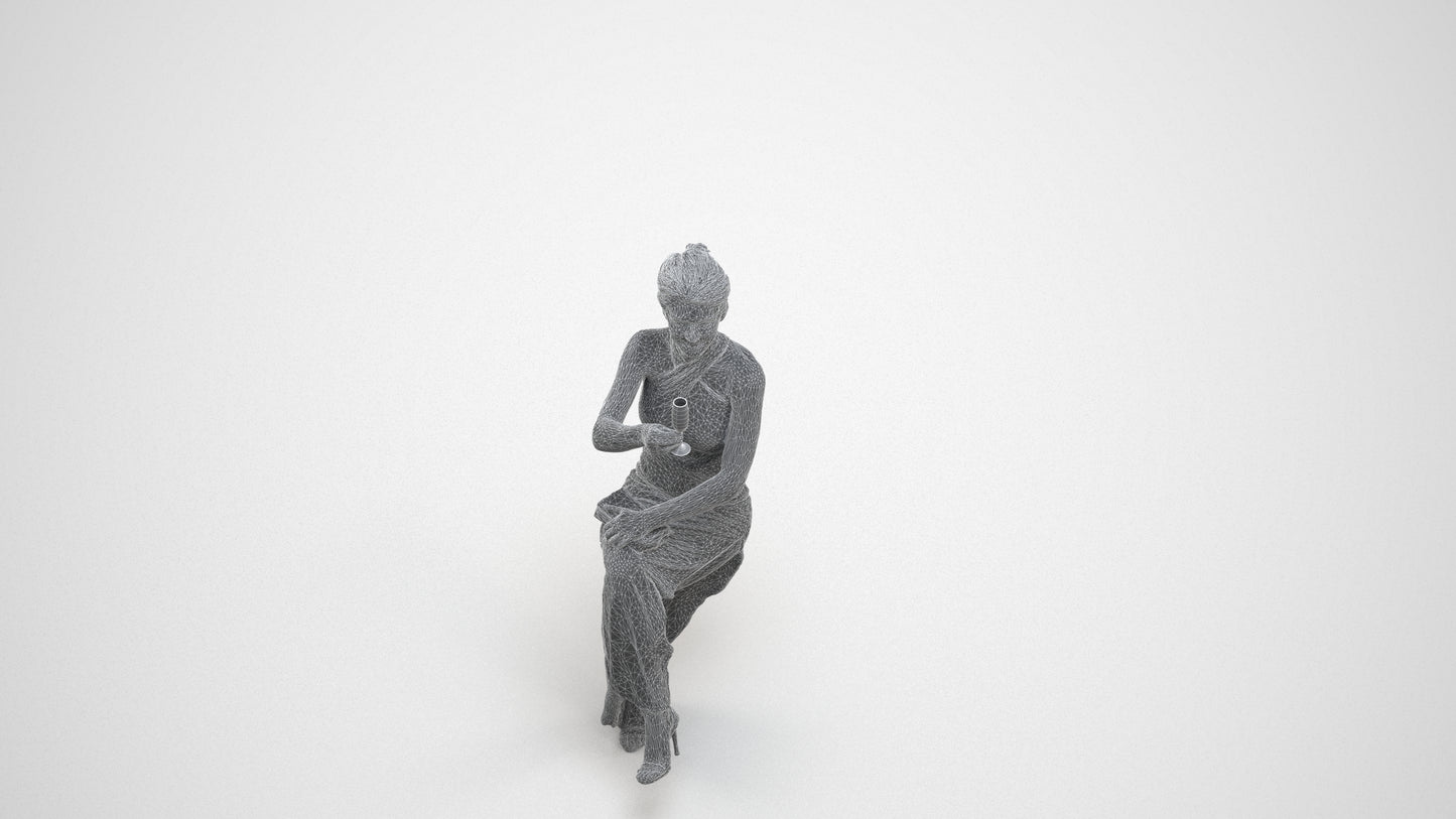 3D people model woman formal sitting, scanned human for 3ds Max rendering, wireframe three-quarter view