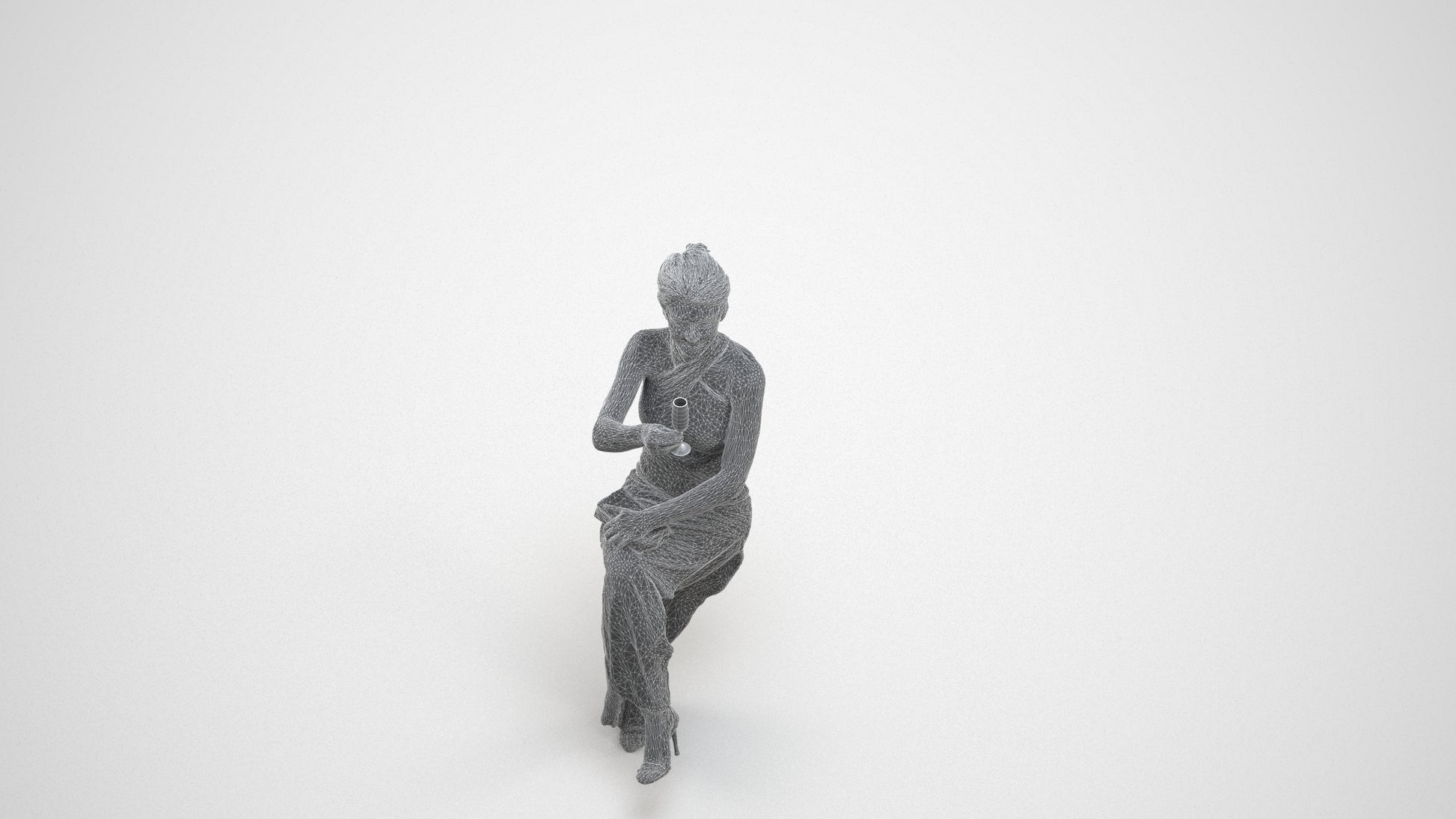 3D people model woman formal sitting, scanned human for 3ds Max rendering, wireframe three-quarter view