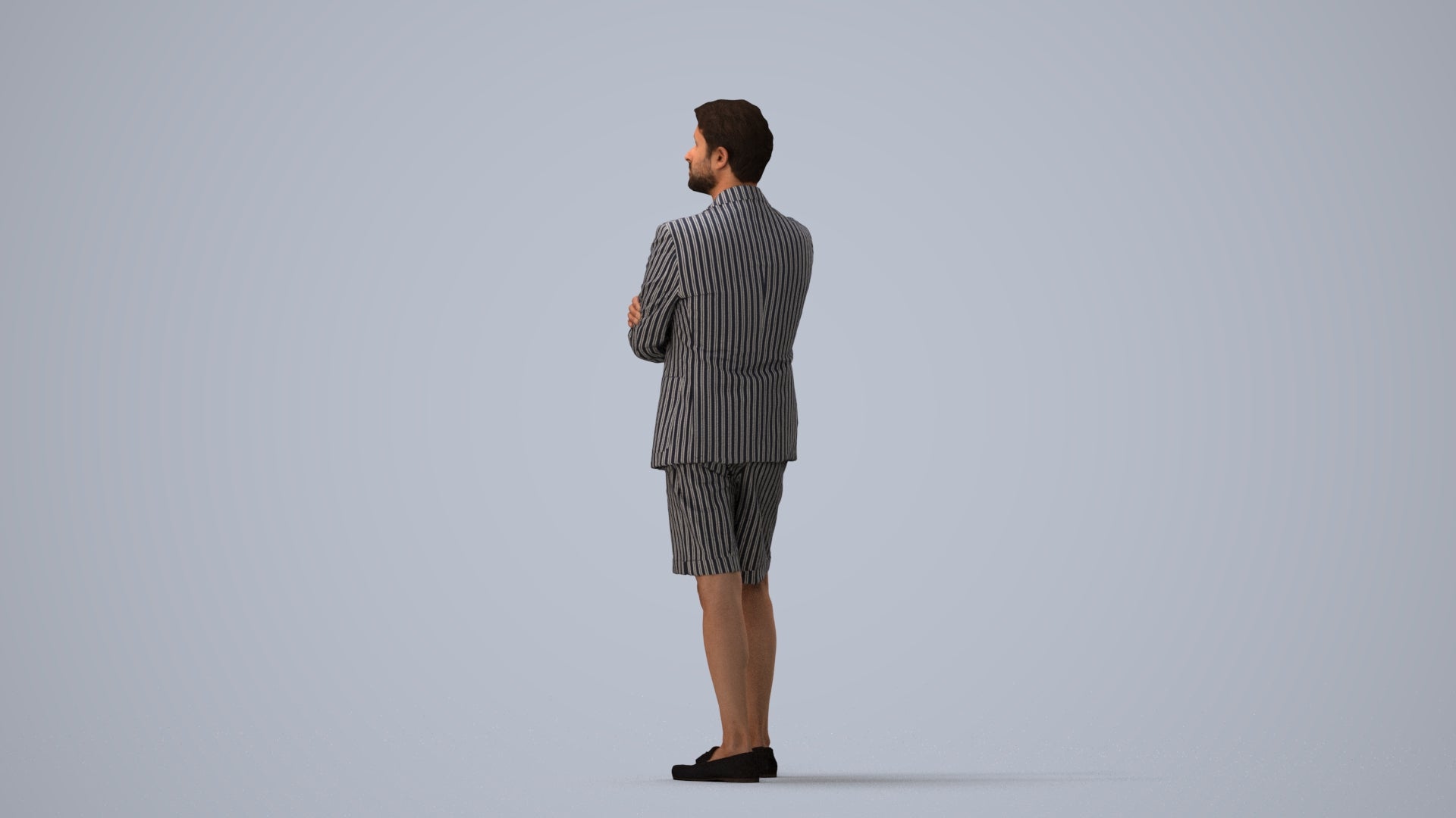3D human model man business standing, photogrammetry scanned person for archviz, three-quarter view render