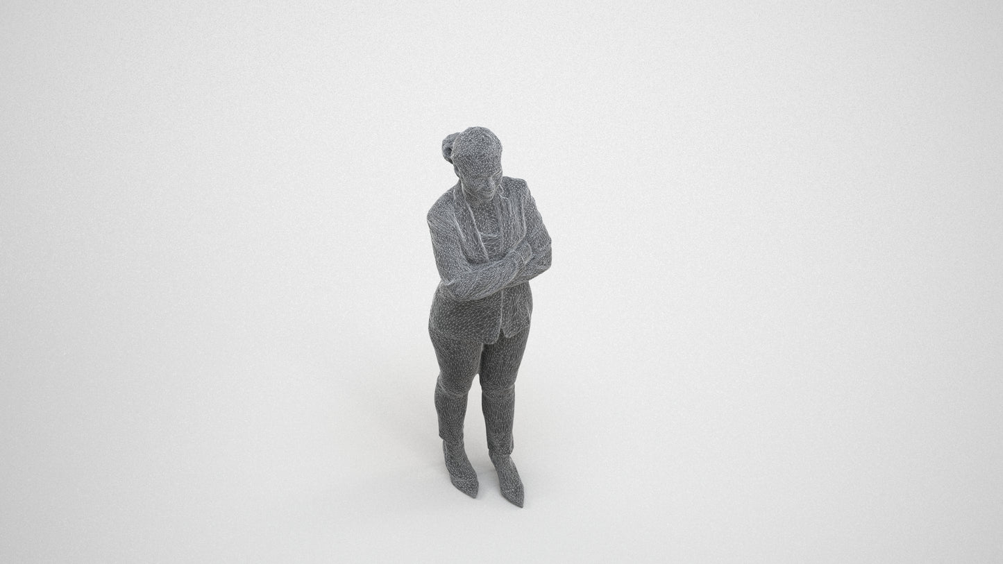 scanned 3D woman business standing, photogrammetry people for Enscape and V-Ray, wireframe three-quarter view