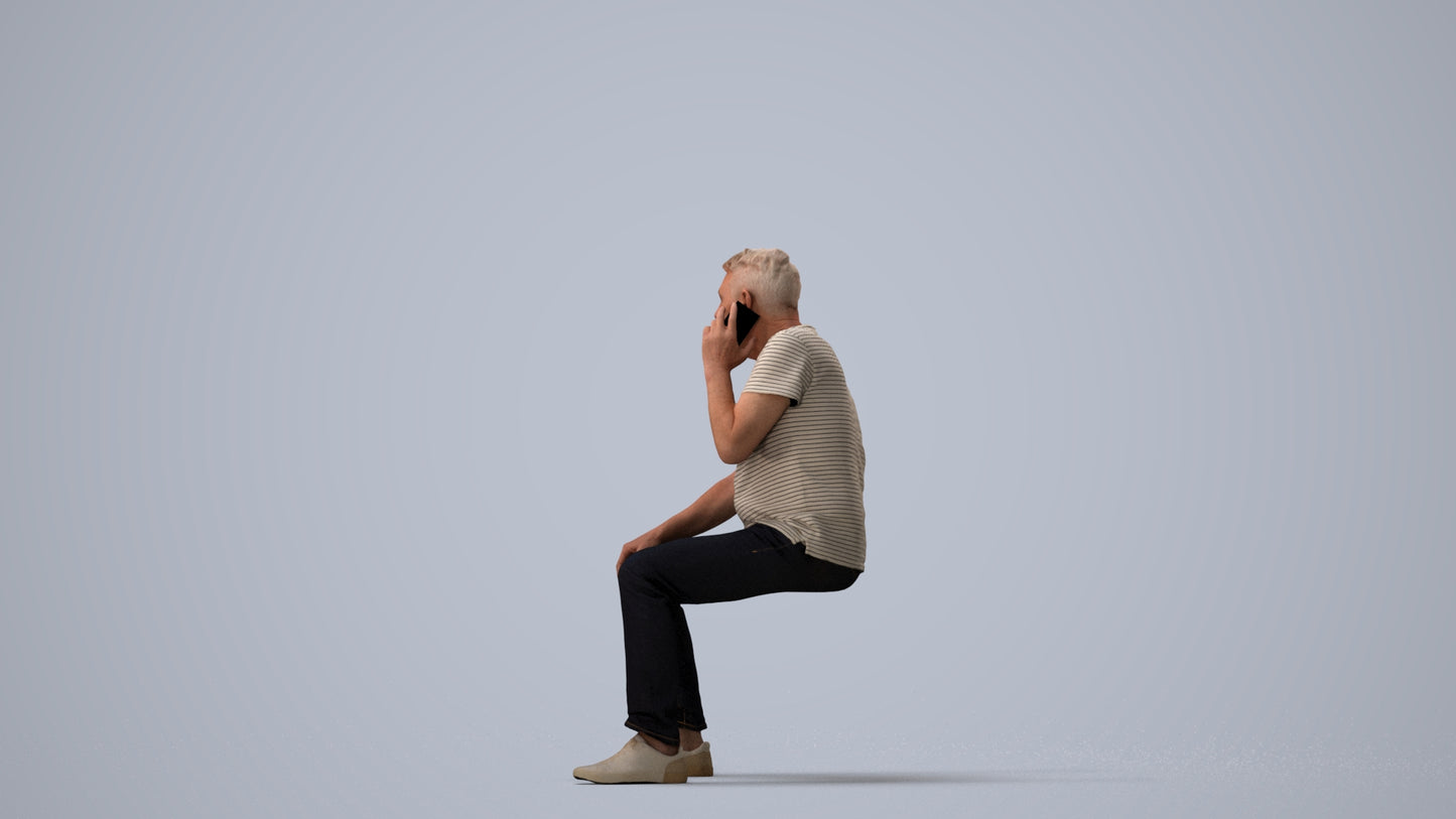 realistic 3D human senior man casual sitting, archviz people FBX OBJ for Blender, three-quarter view render