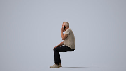 realistic 3D human senior man casual sitting, archviz people FBX OBJ for Blender, three-quarter view render