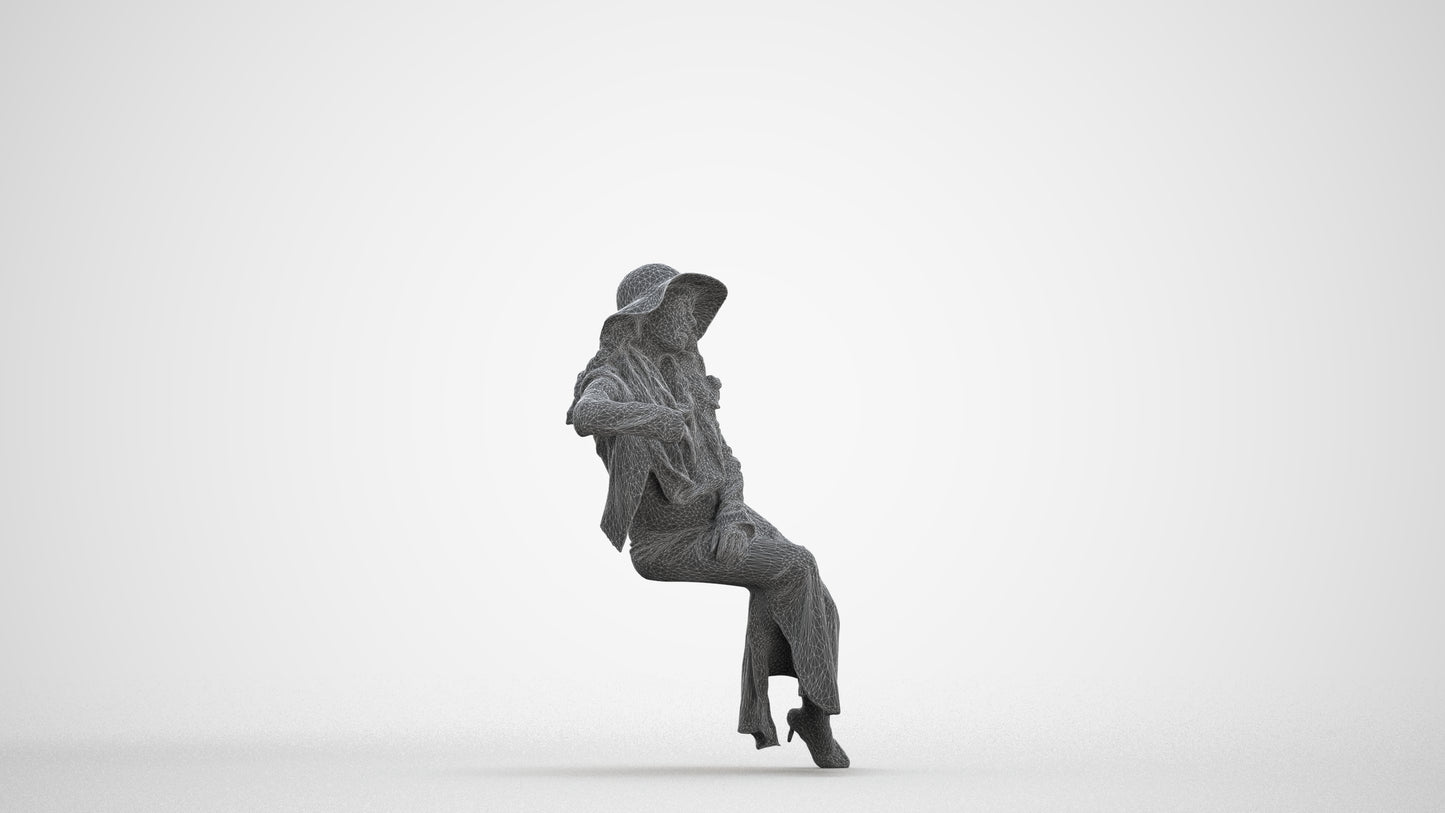 realistic 3D human woman casual sitting, archviz people FBX OBJ for Blender, three-quarter front view render