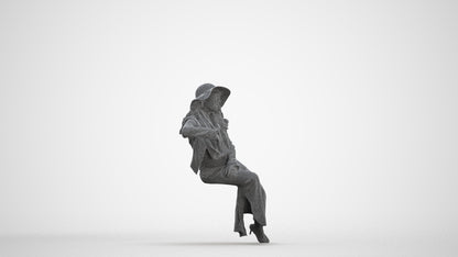 realistic 3D human woman casual sitting, archviz people FBX OBJ for Blender, three-quarter front view render