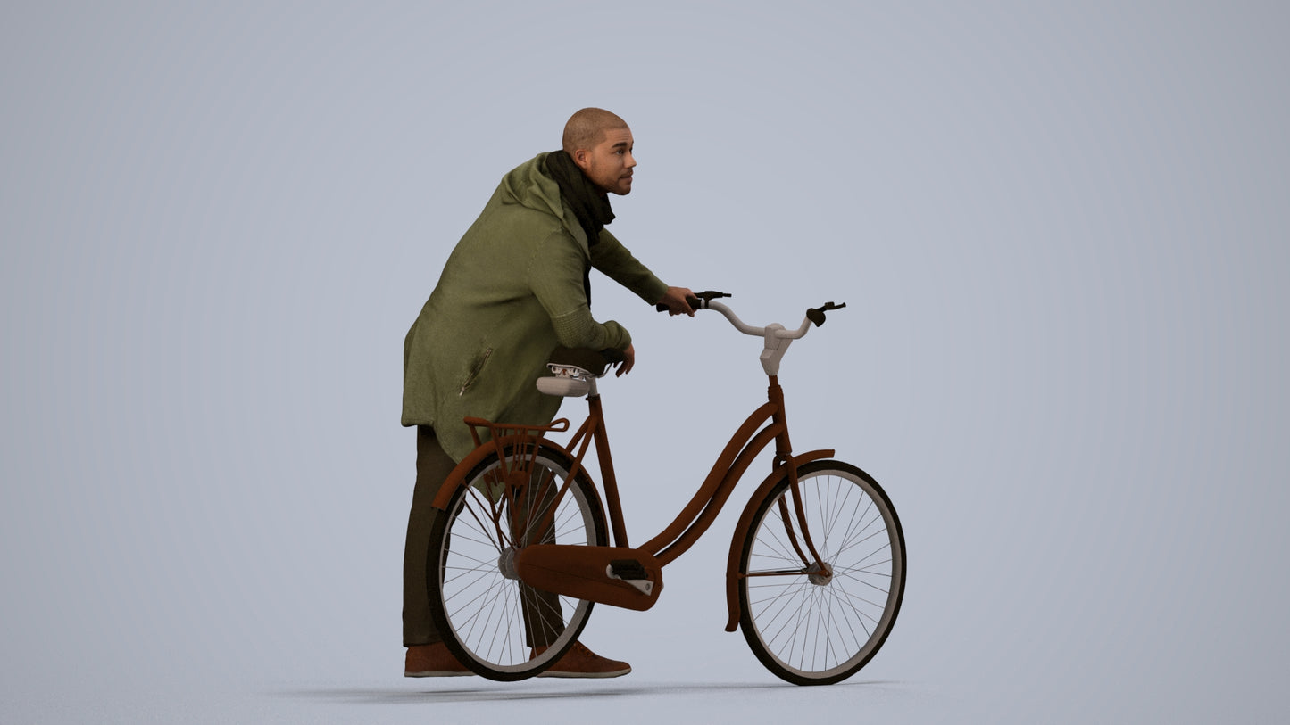 photogrammetry 3D man casual cycling, realistic human model archviz FBX, side view render