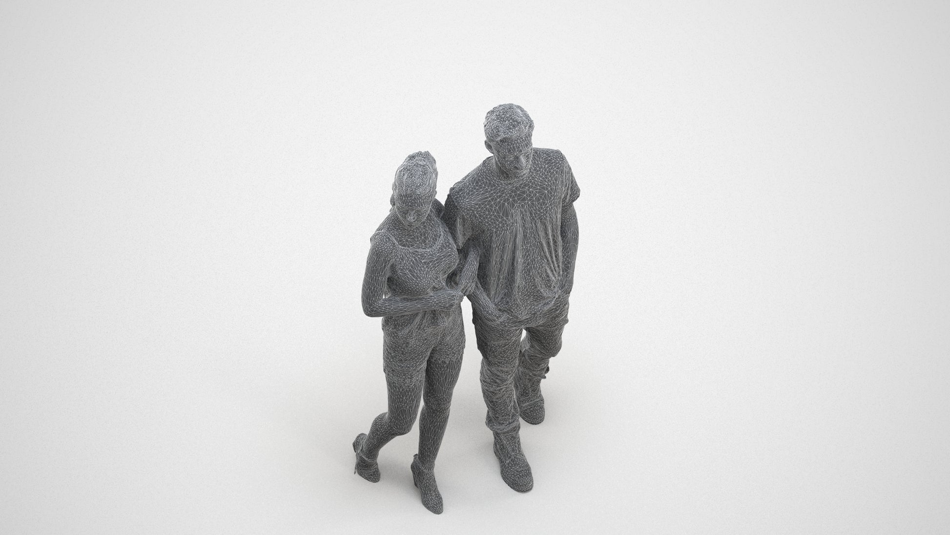 realistic 3D people woman casual couple, render-ready for V-Ray and Corona, FBX OBJ, wireframe three-quarter view