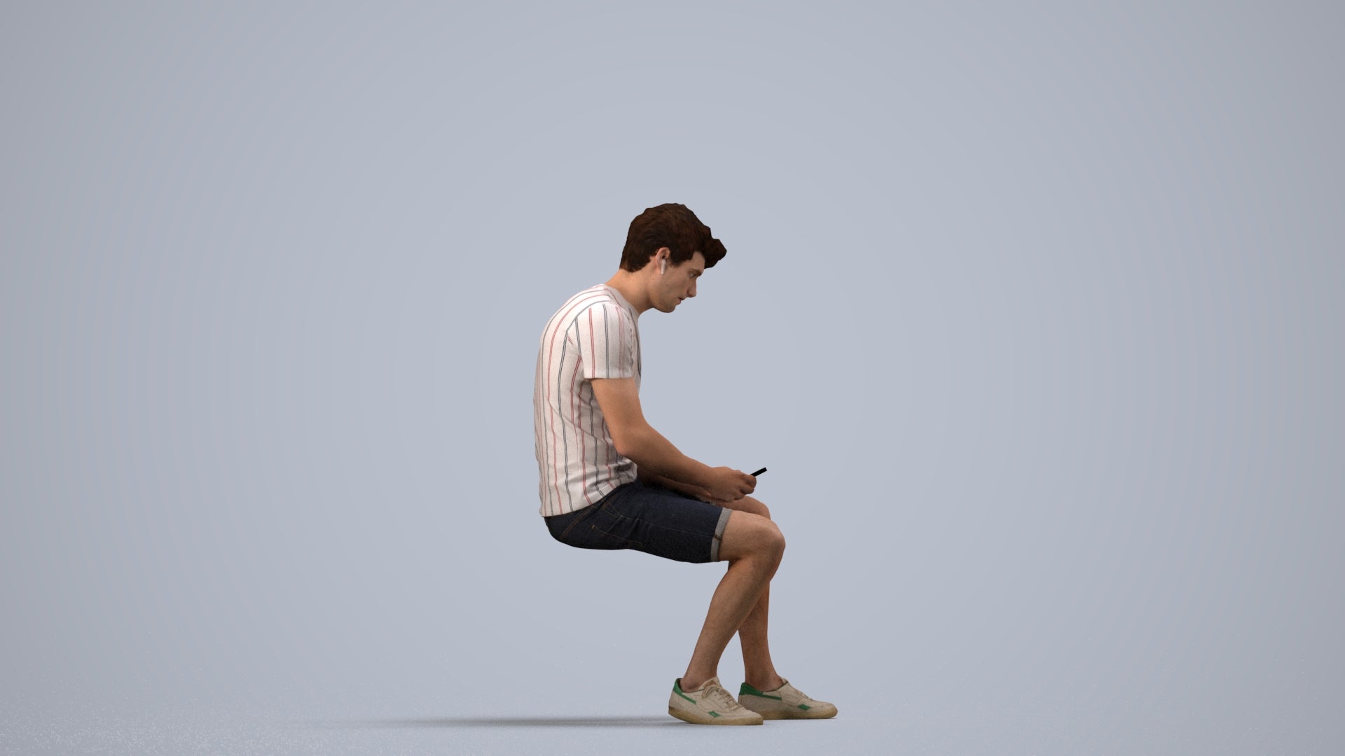 realistic 3D man casual sitting, scanned archviz people for Blender and 3ds Max, side view render