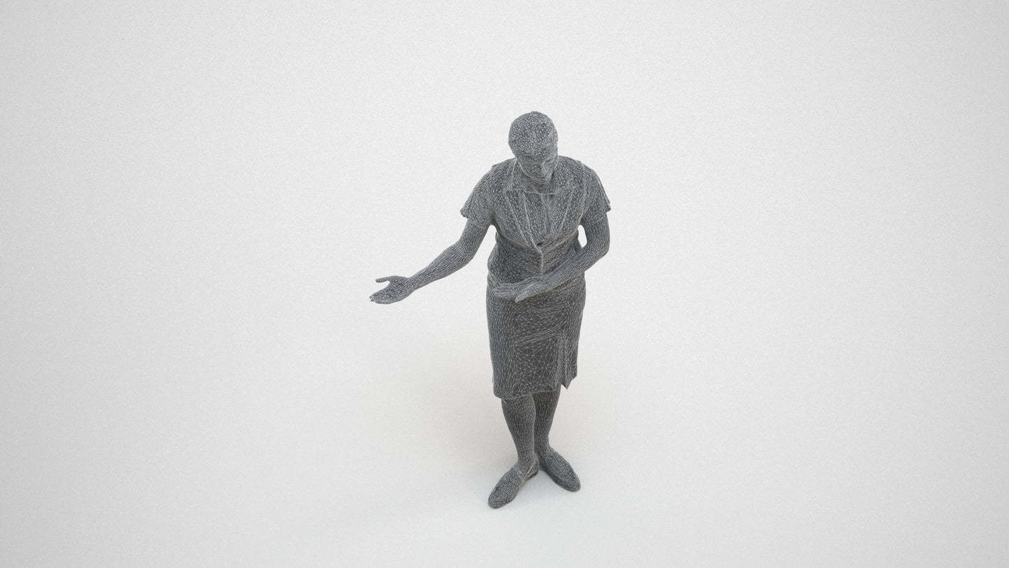 3D scanned woman hospitality, photorealistic archviz people for Enscape and SketchUp, wireframe three-quarter view