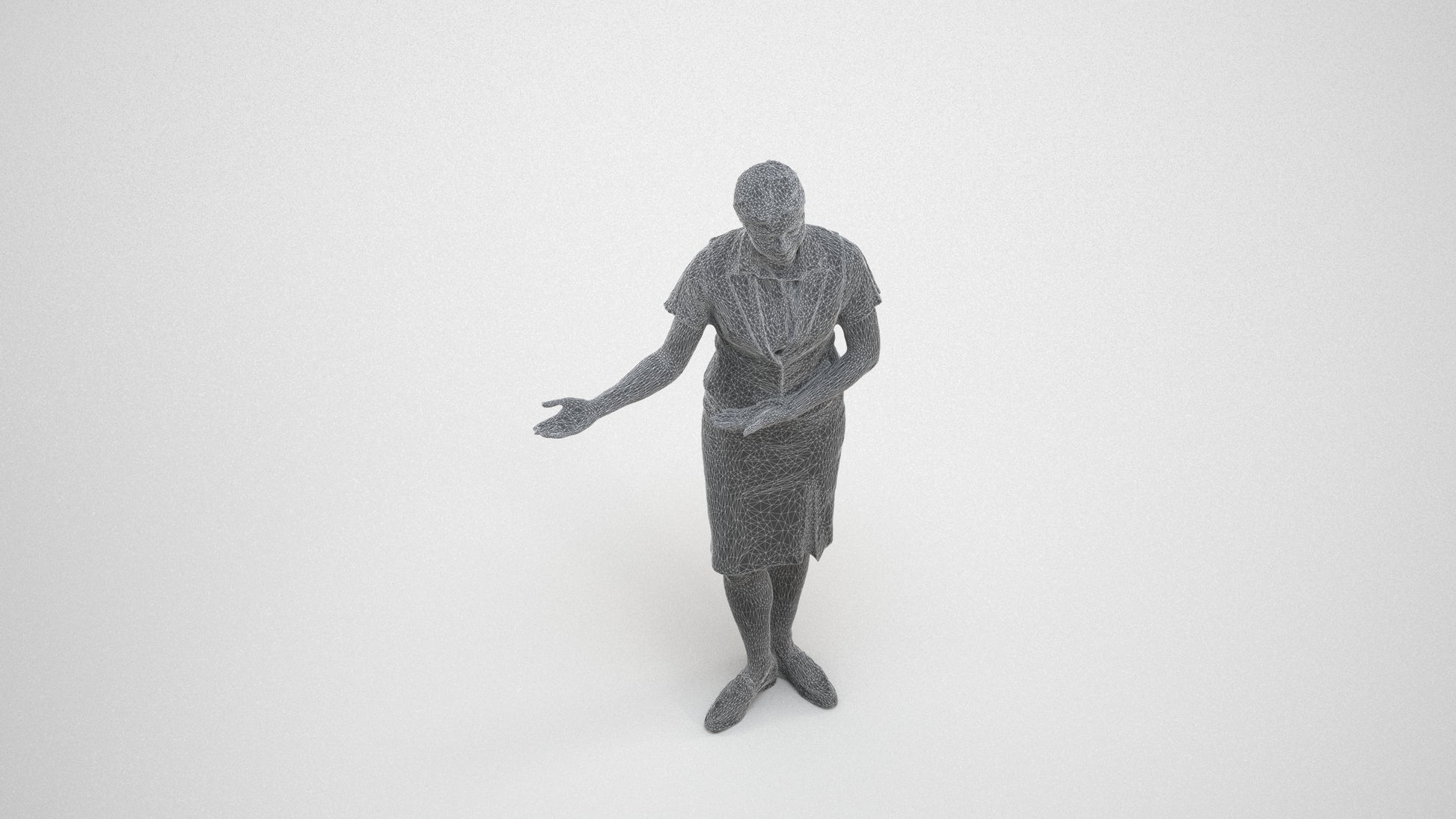 3D scanned woman hospitality, photorealistic archviz people for Enscape and SketchUp, wireframe three-quarter view