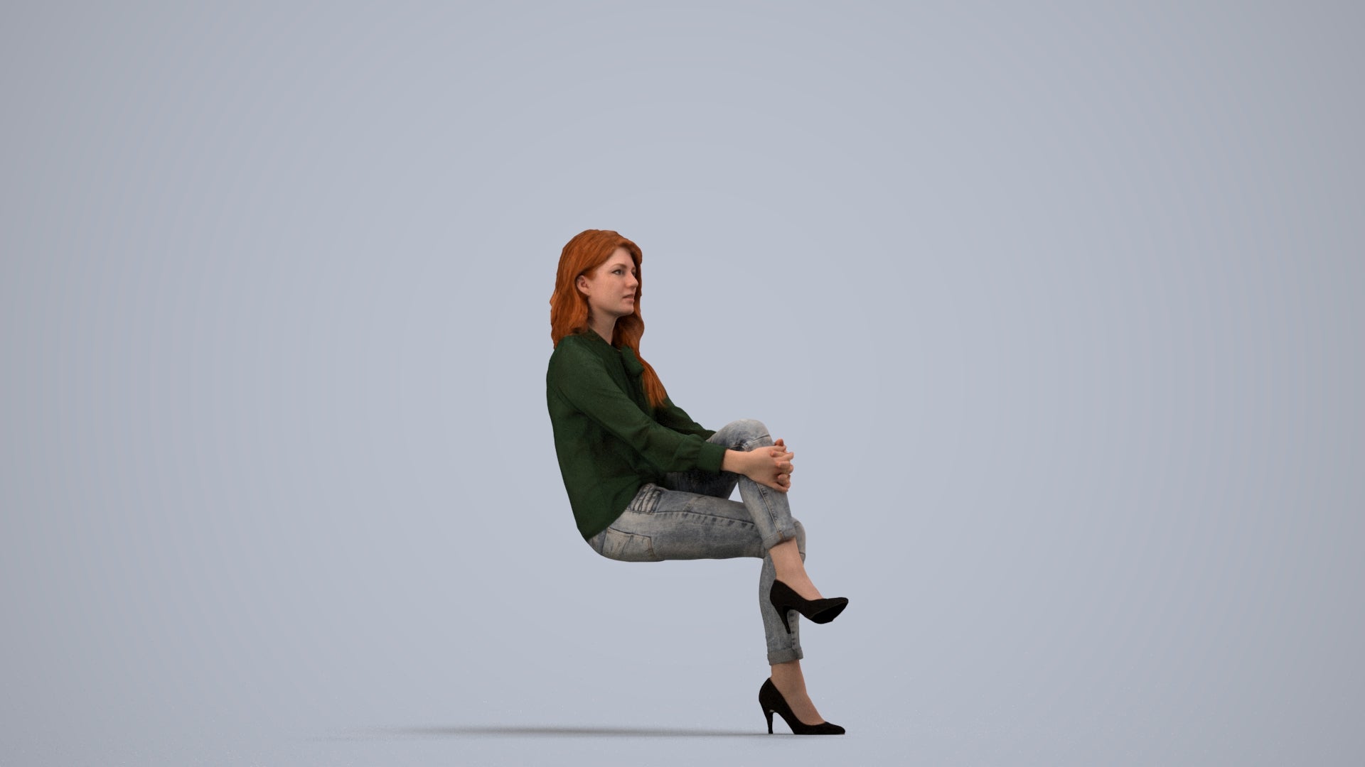 realistic 3D woman casual sitting, scanned archviz people for Blender and 3ds Max, side view render