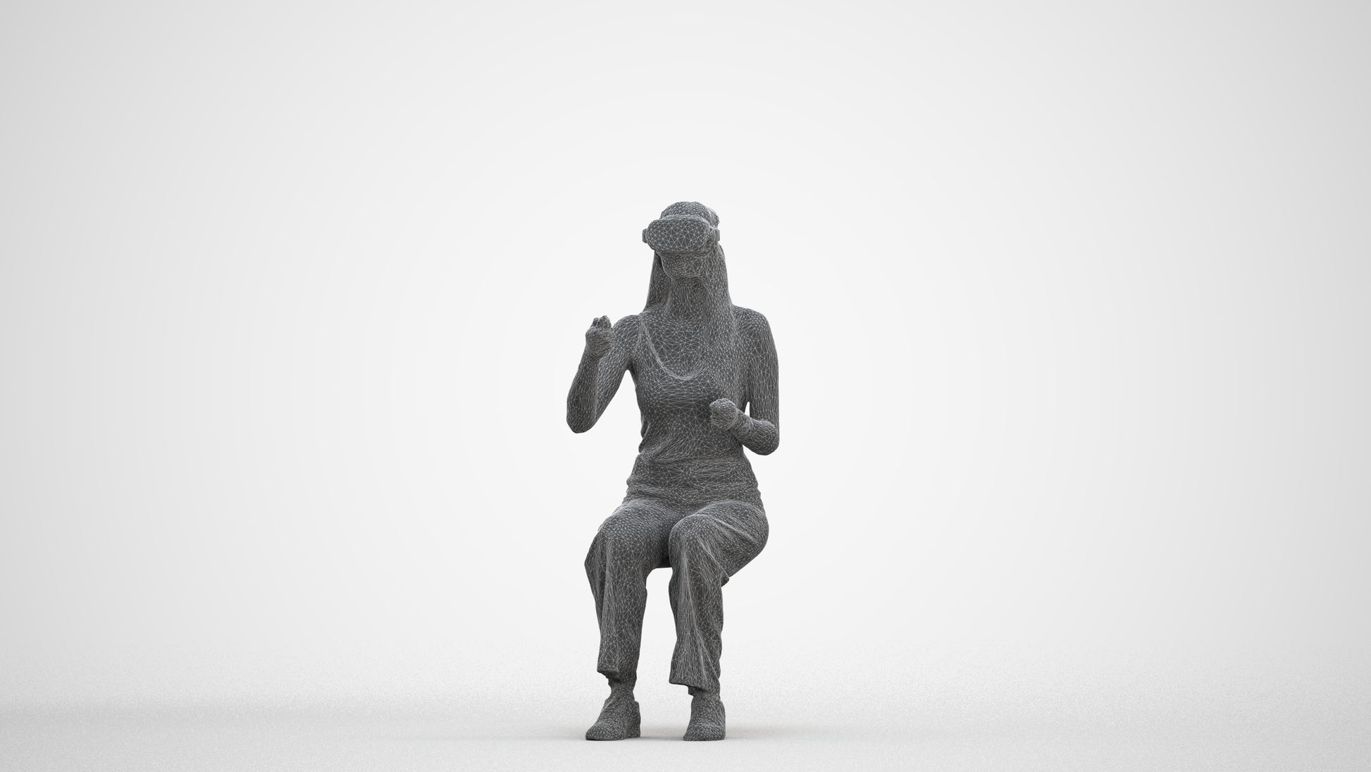 photogrammetry 3D woman casual sitting, realistic human model archviz FBX, three-quarter front view render