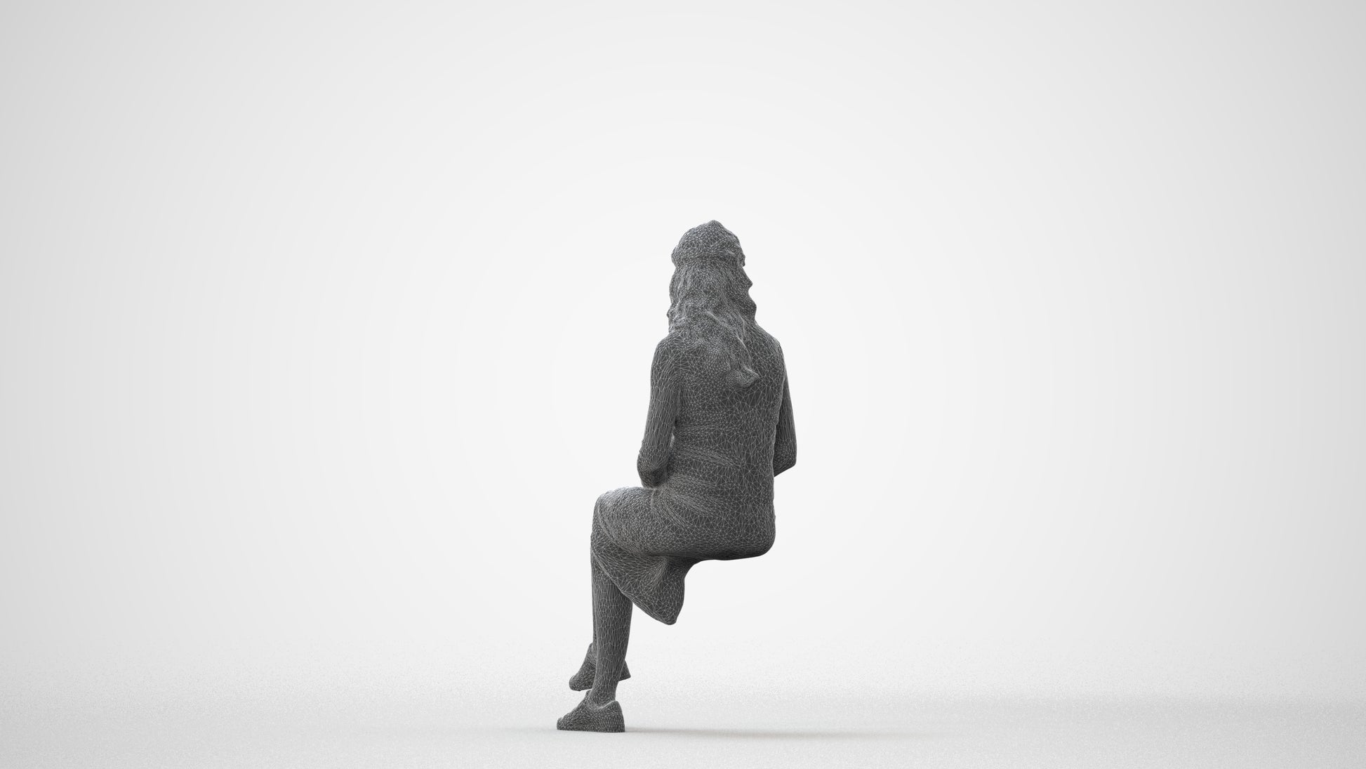 3D human model woman casual sitting, photogrammetry scanned person for archviz, square thumbnail