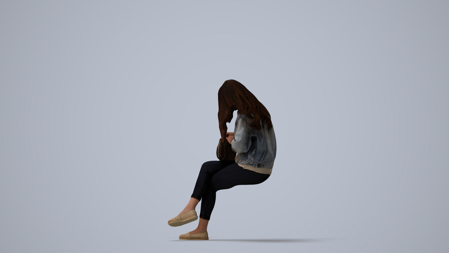 realistic 3D human woman sitting, archviz people FBX OBJ for Blender, three-quarter view render