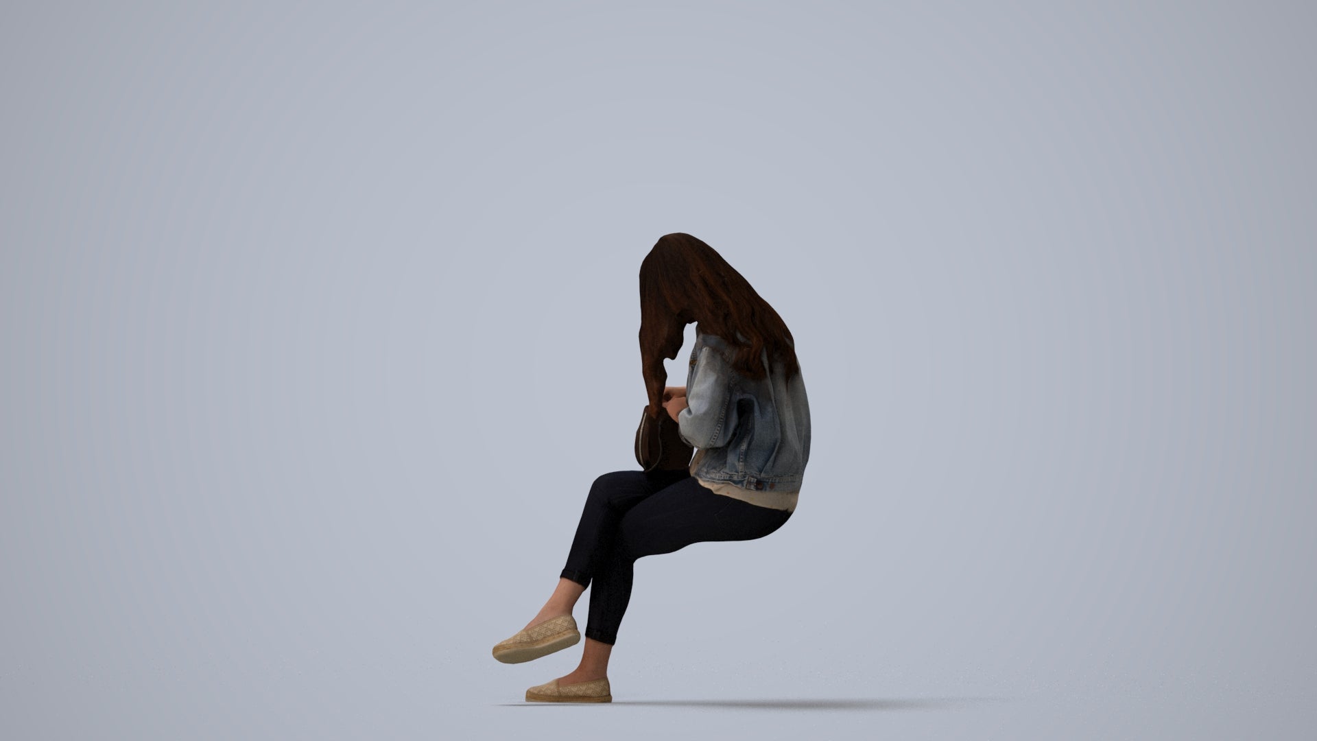 realistic 3D human woman sitting, archviz people FBX OBJ for Blender, three-quarter view render