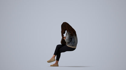 realistic 3D human woman sitting, archviz people FBX OBJ for Blender, three-quarter view render