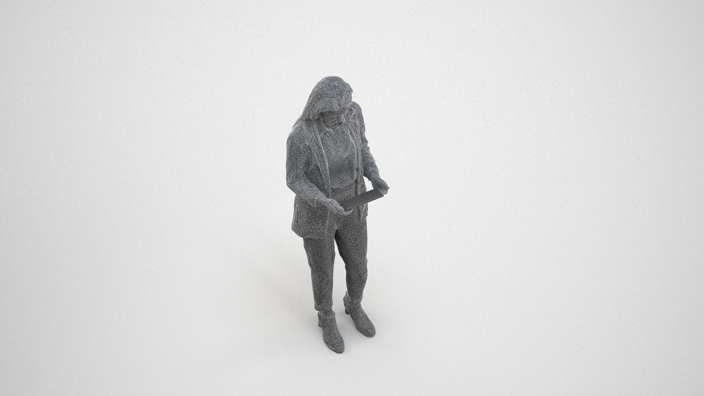 3D human model woman business, photogrammetry scanned person for archviz, wireframe three-quarter view