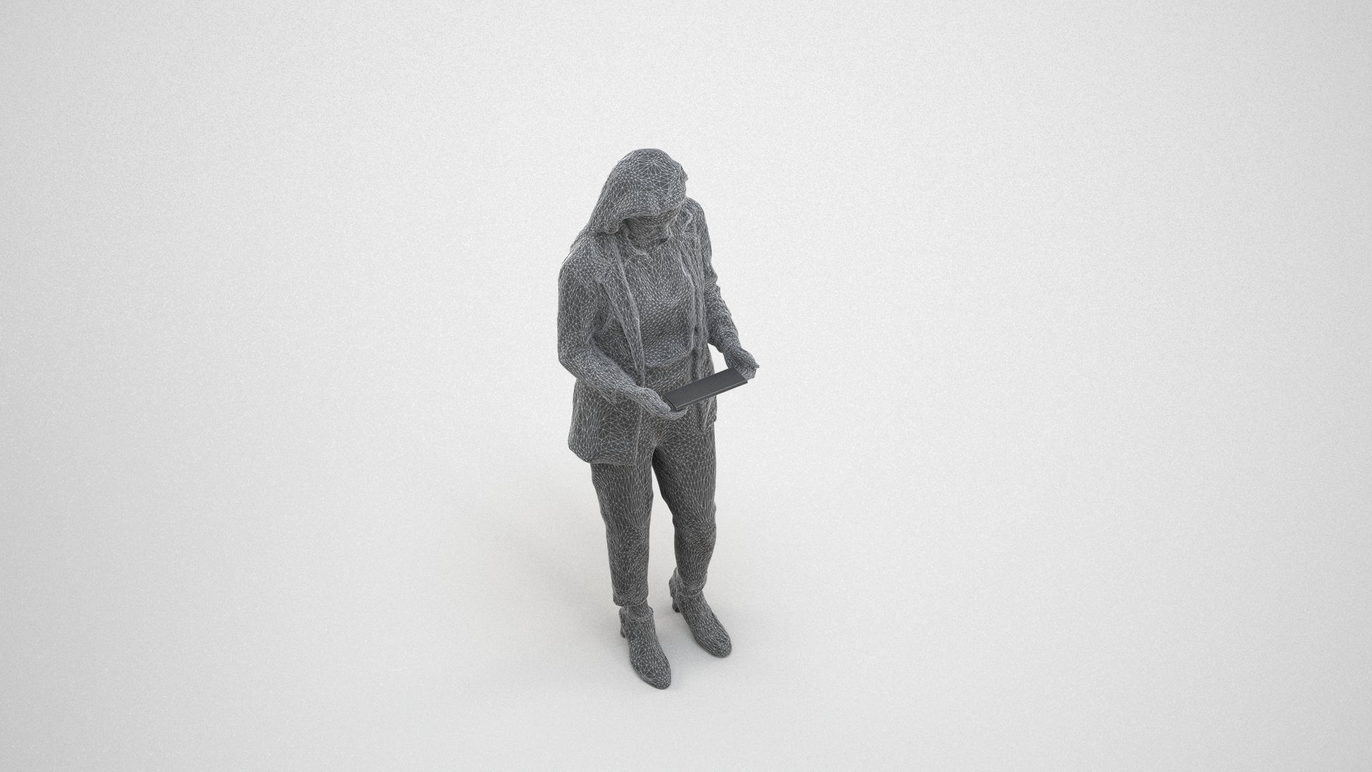 3D human model woman business, photogrammetry scanned person for archviz, wireframe three-quarter view