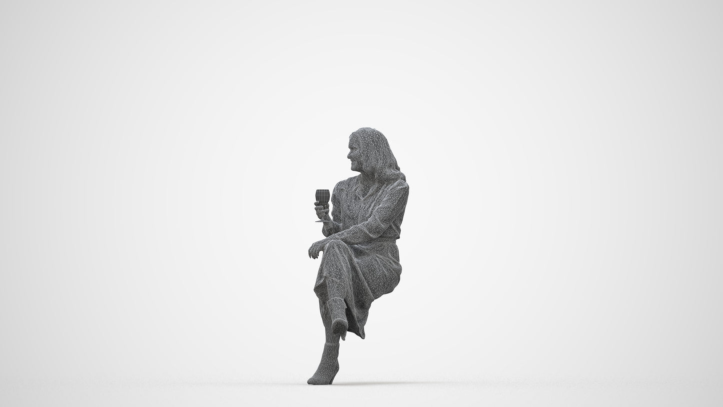 photogrammetry 3D woman casual sitting, realistic human model archviz FBX, wireframe back view