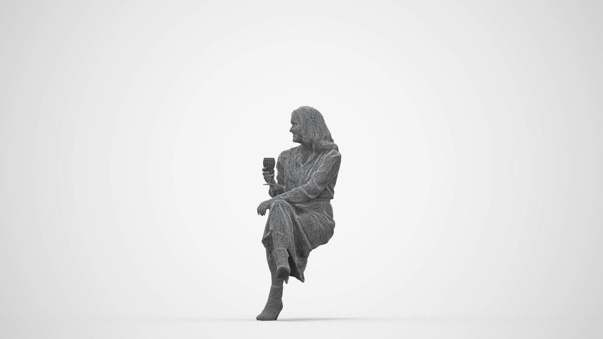 photogrammetry 3D woman casual sitting, realistic human model archviz FBX, wireframe back view