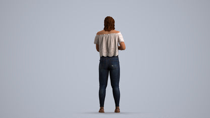 3D human model woman casual standing, photogrammetry scanned person for archviz, front view render