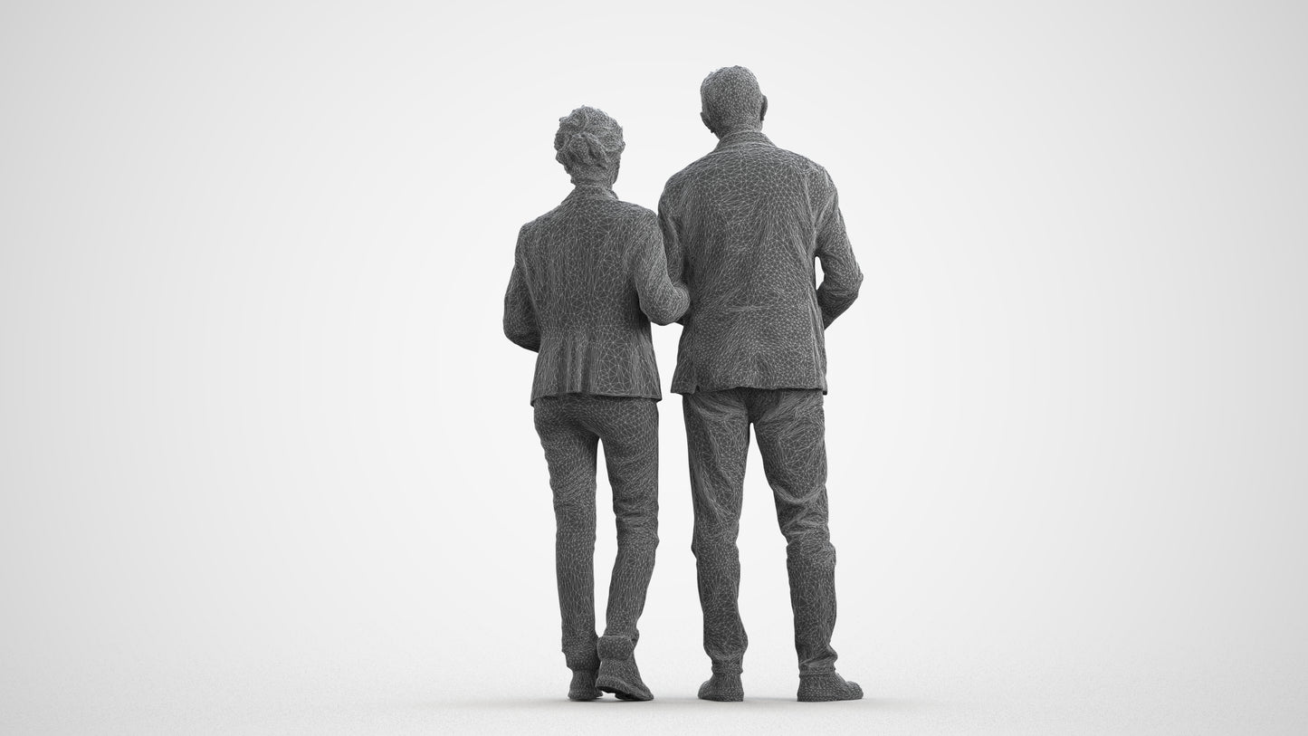3D people model senior woman business couple, scanned human for 3ds Max rendering, wireframe front view