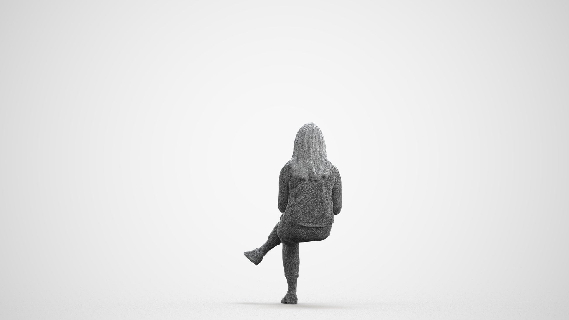 realistic 3D woman casual sitting, scanned archviz people for Blender and 3ds Max, wireframe front view