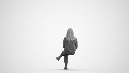 realistic 3D woman casual sitting, scanned archviz people for Blender and 3ds Max, wireframe front view