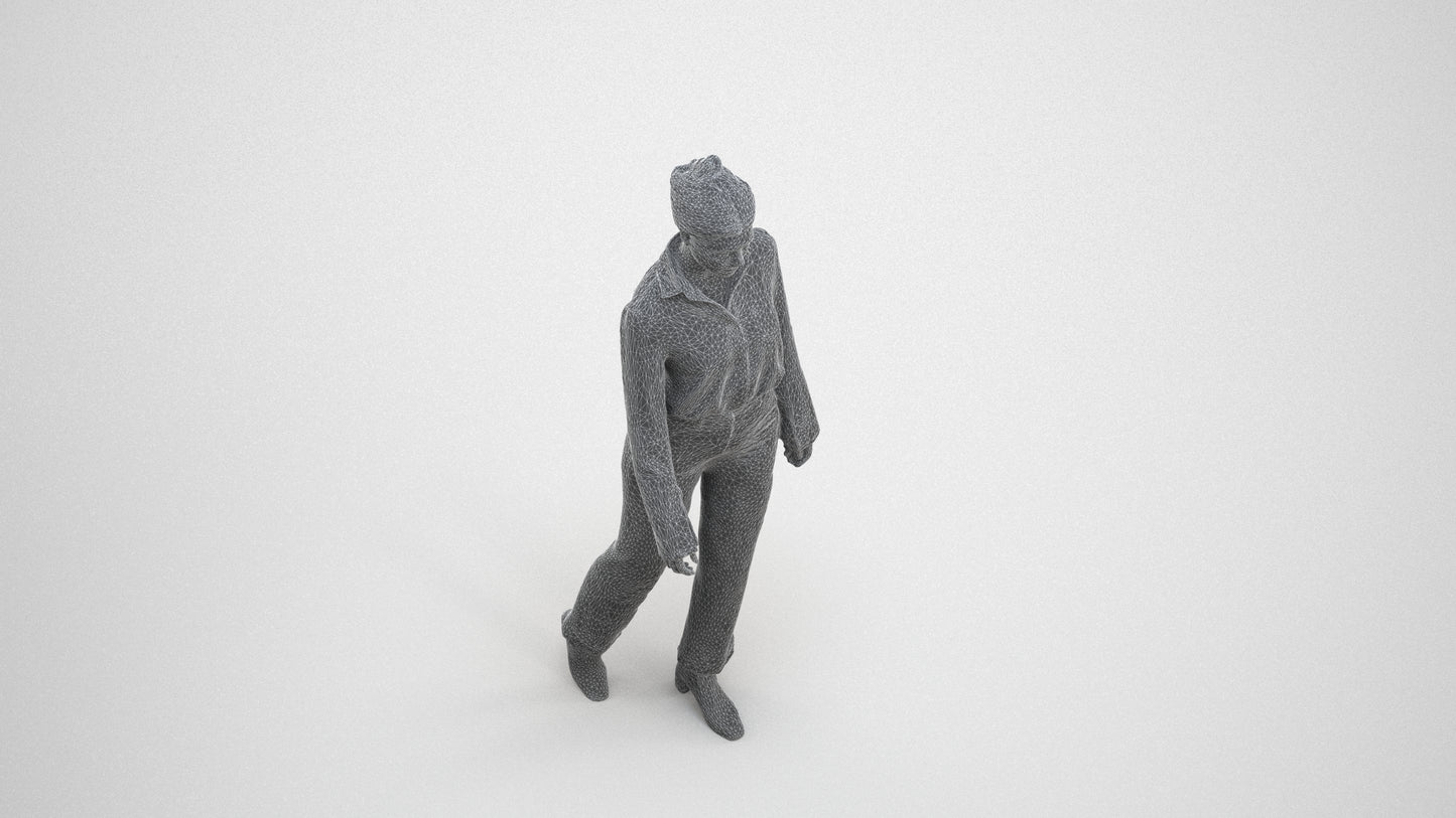3D human model woman business walking, photogrammetry scanned person for archviz, wireframe three-quarter view
