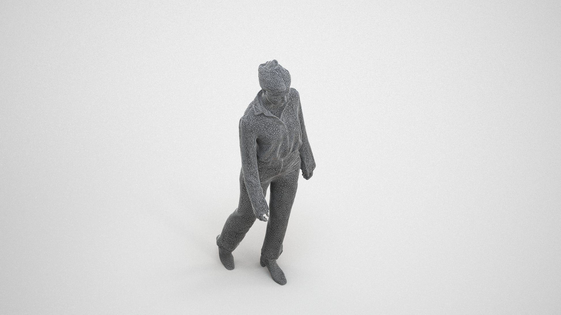 3D human model woman business walking, photogrammetry scanned person for archviz, wireframe three-quarter view