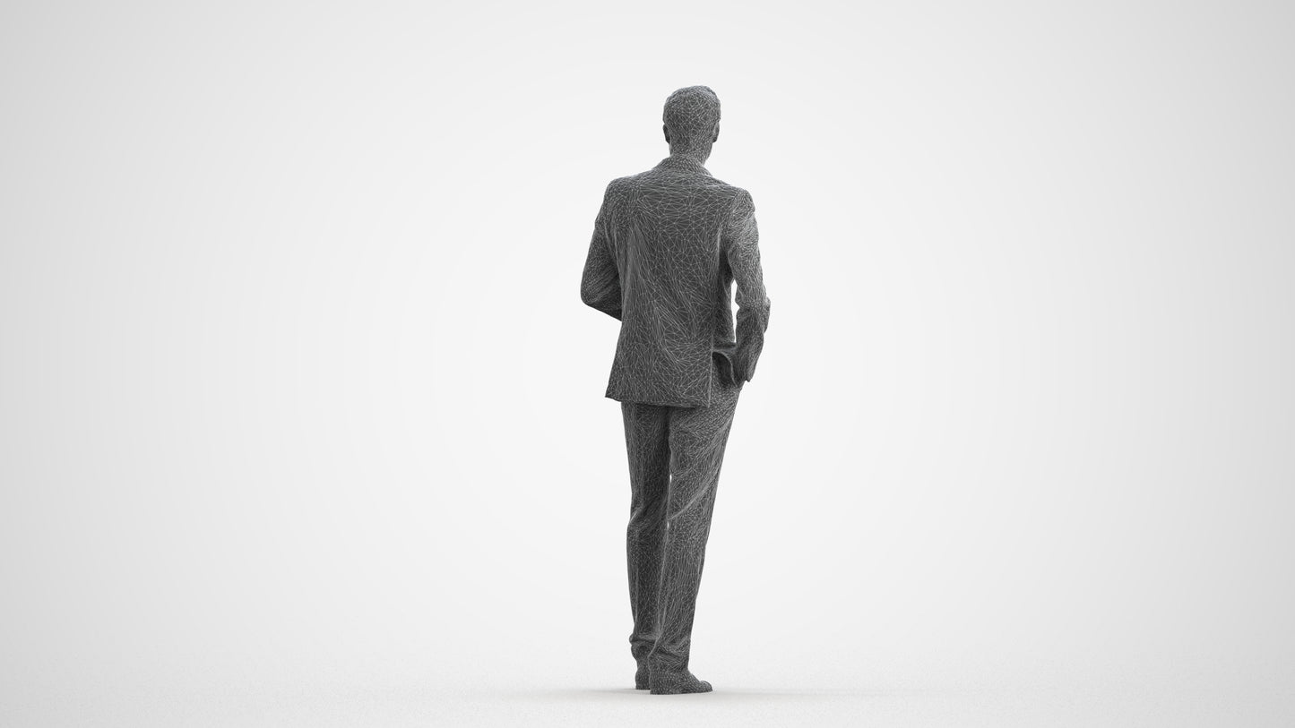 3D scanned man standing business, photorealistic archviz people for Enscape and SketchUp, wireframe front view