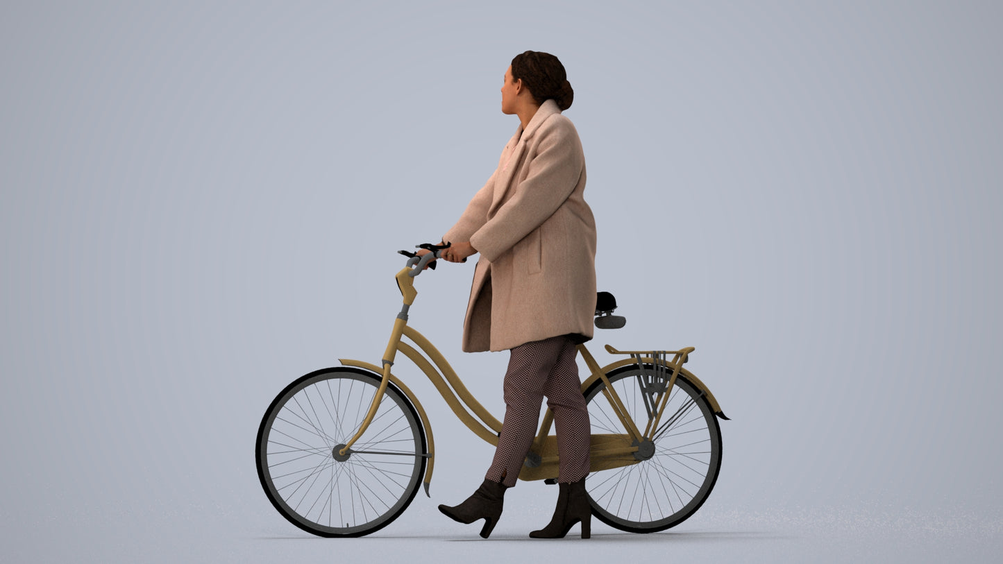 realistic 3D people woman business cycling, render-ready for V-Ray and Corona, FBX OBJ, three-quarter view render