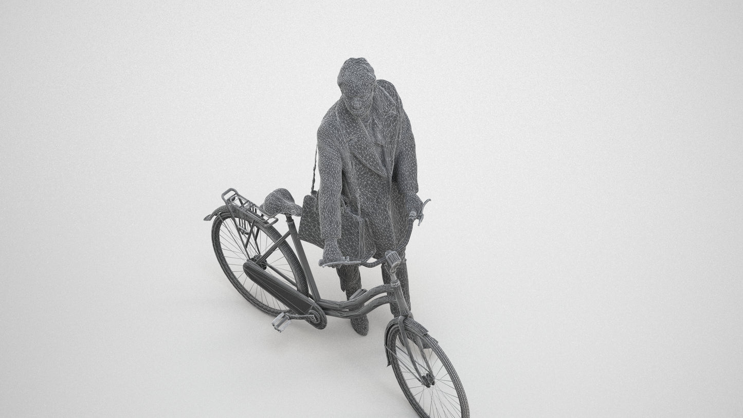 realistic 3D people woman business cycling, render-ready for V-Ray and Corona, FBX OBJ, wireframe three-quarter view