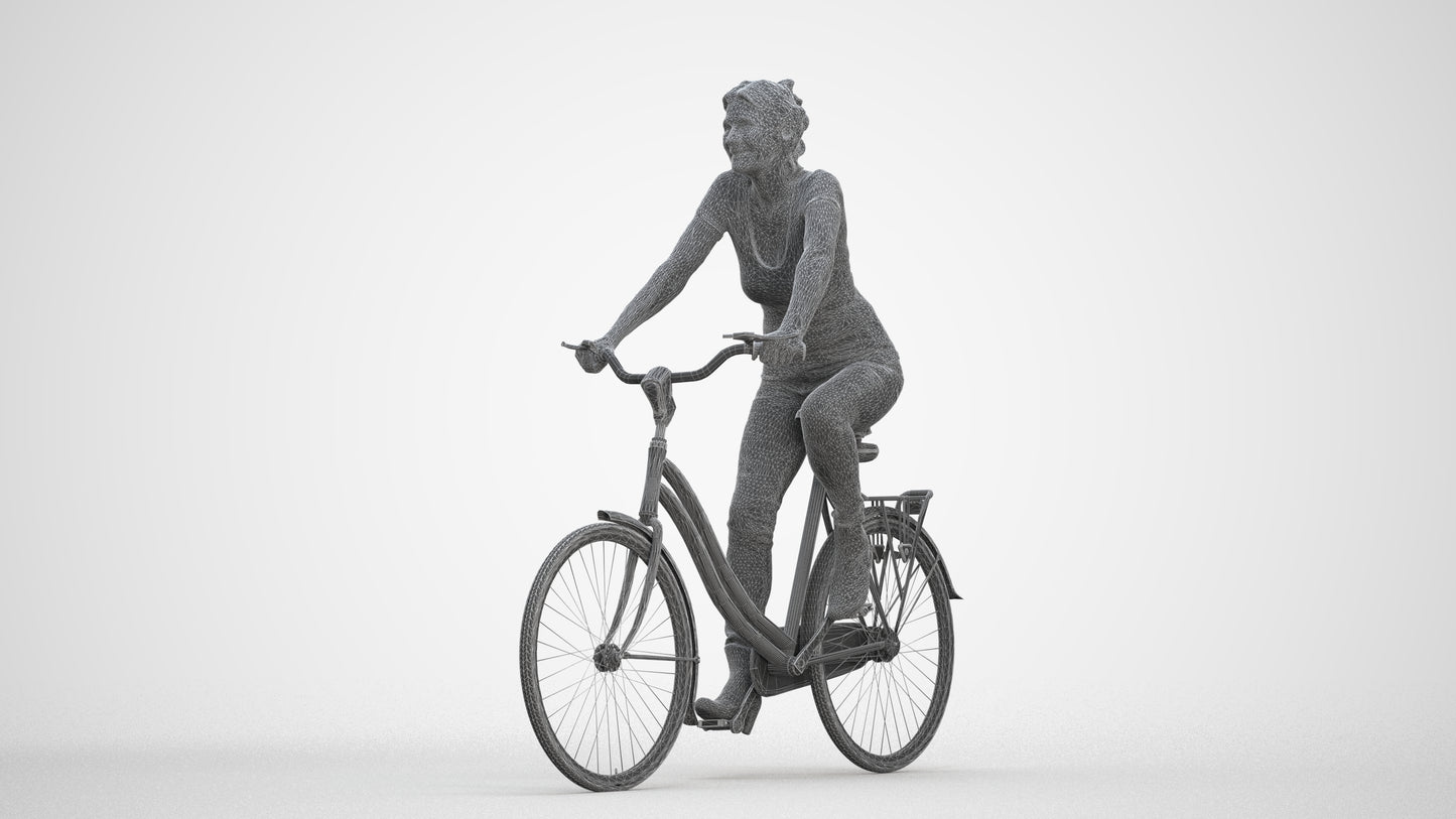 scanned 3D senior woman casual cycling, photogrammetry people for Enscape and V-Ray, three-quarter front view render