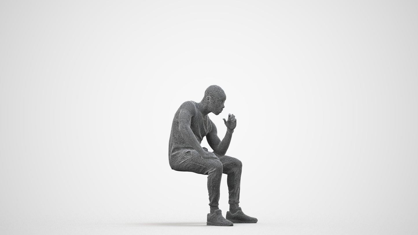 3D human model man casual sitting, photogrammetry scanned person for archviz, wireframe side view