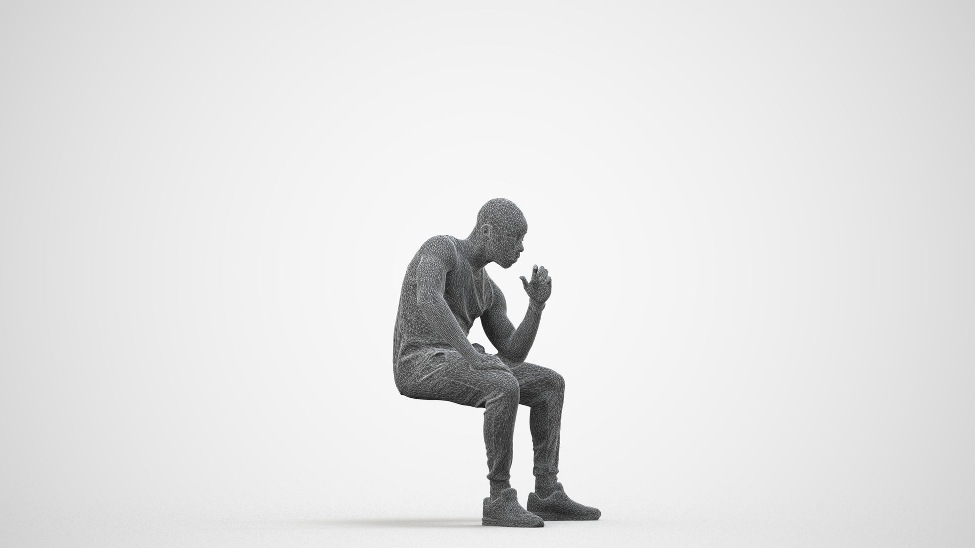 3D human model man casual sitting, photogrammetry scanned person for archviz, wireframe side view