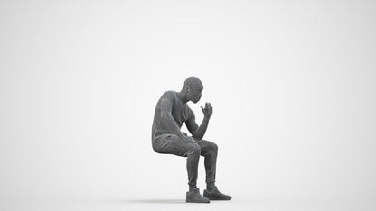 3D human model man casual sitting, photogrammetry scanned person for archviz, wireframe side view