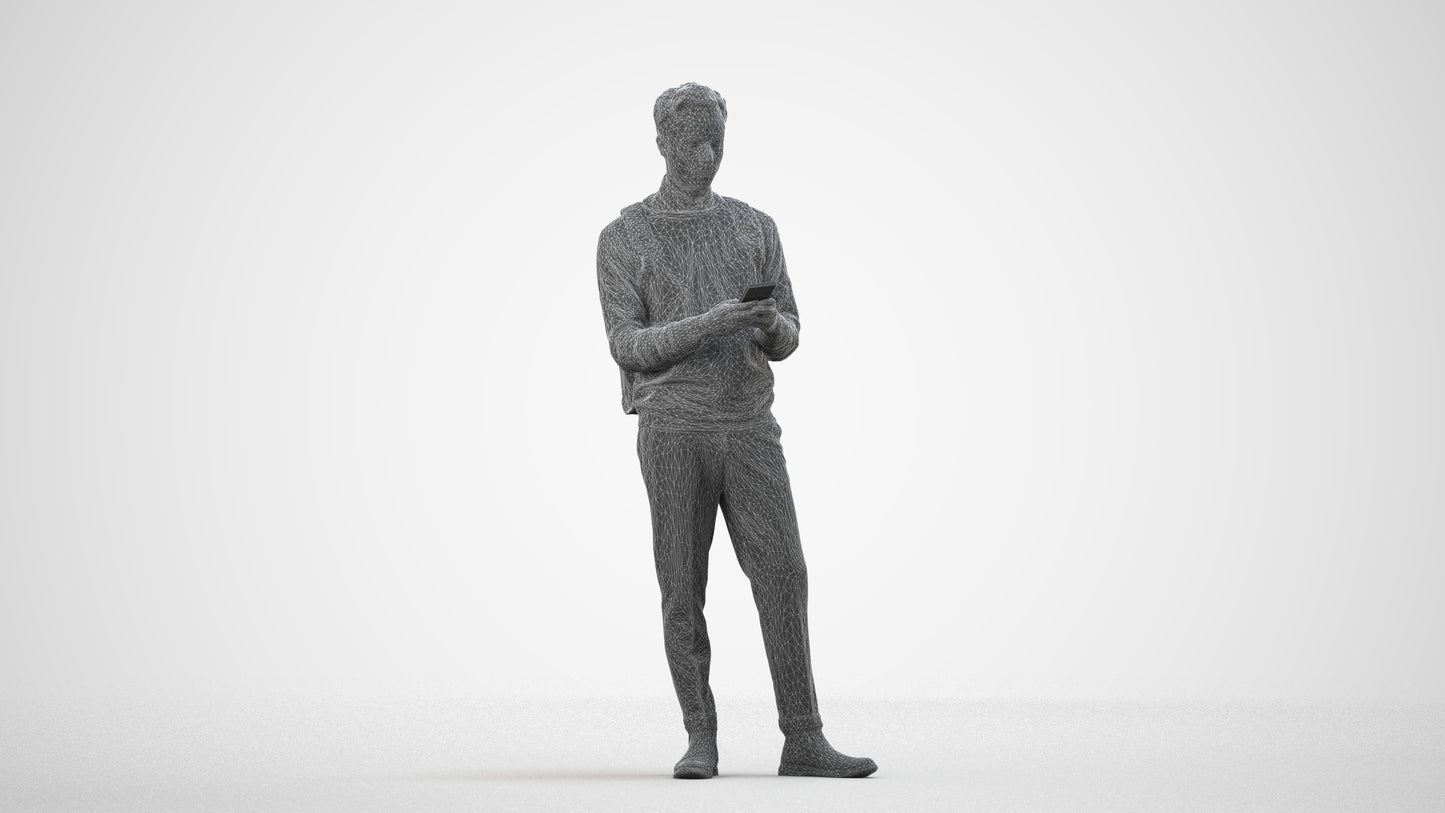 3D people model man casual standing, scanned human for 3ds Max rendering, wireframe side view