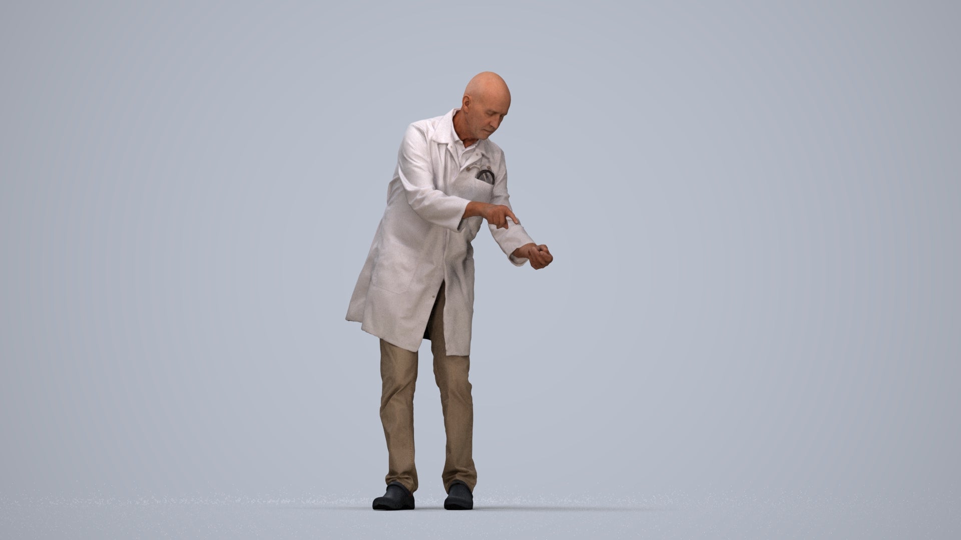 3D human model senior man medical, photogrammetry scanned person for archviz, top-down view render