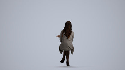 3D human model woman business sitting, photogrammetry scanned person for archviz, front view render