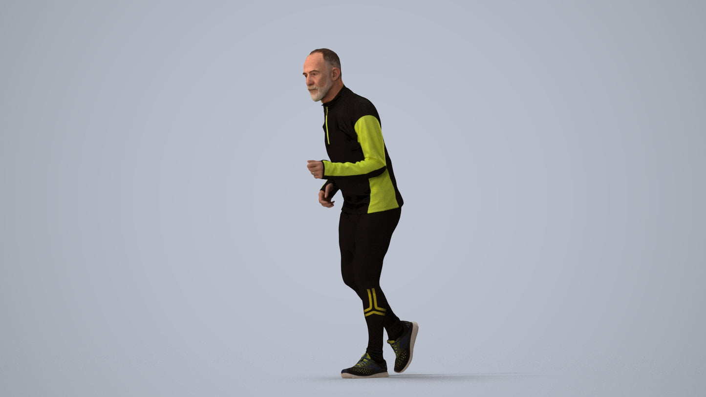 realistic 3D senior man sport, scanned archviz people for Blender and 3ds Max, three-quarter view render