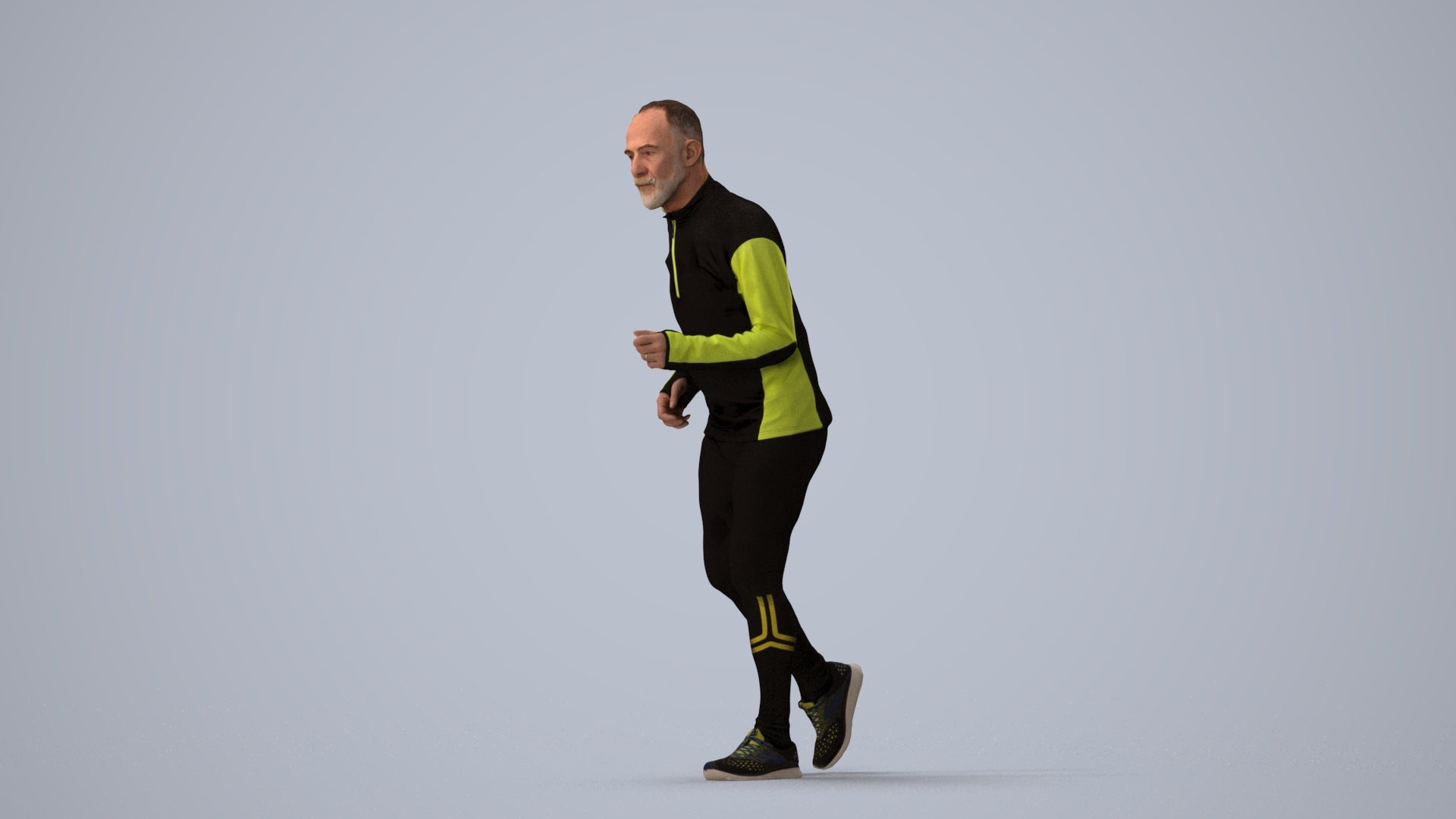 realistic 3D senior man sport, scanned archviz people for Blender and 3ds Max, three-quarter view render