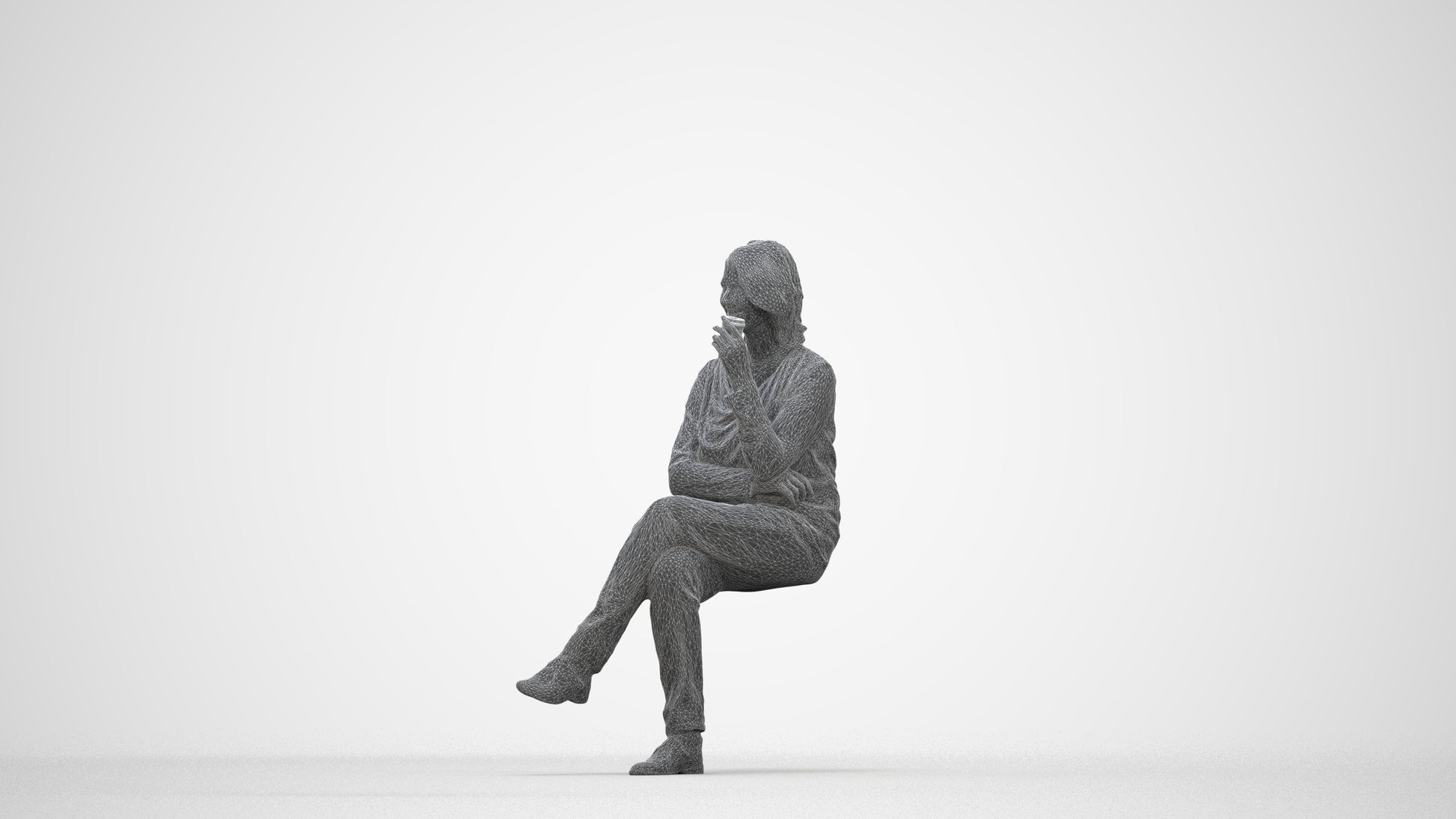 scanned 3D woman casual sitting, photogrammetry people for Enscape and V-Ray, wireframe back view