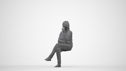 scanned 3D woman casual sitting, photogrammetry people for Enscape and V-Ray, wireframe back view