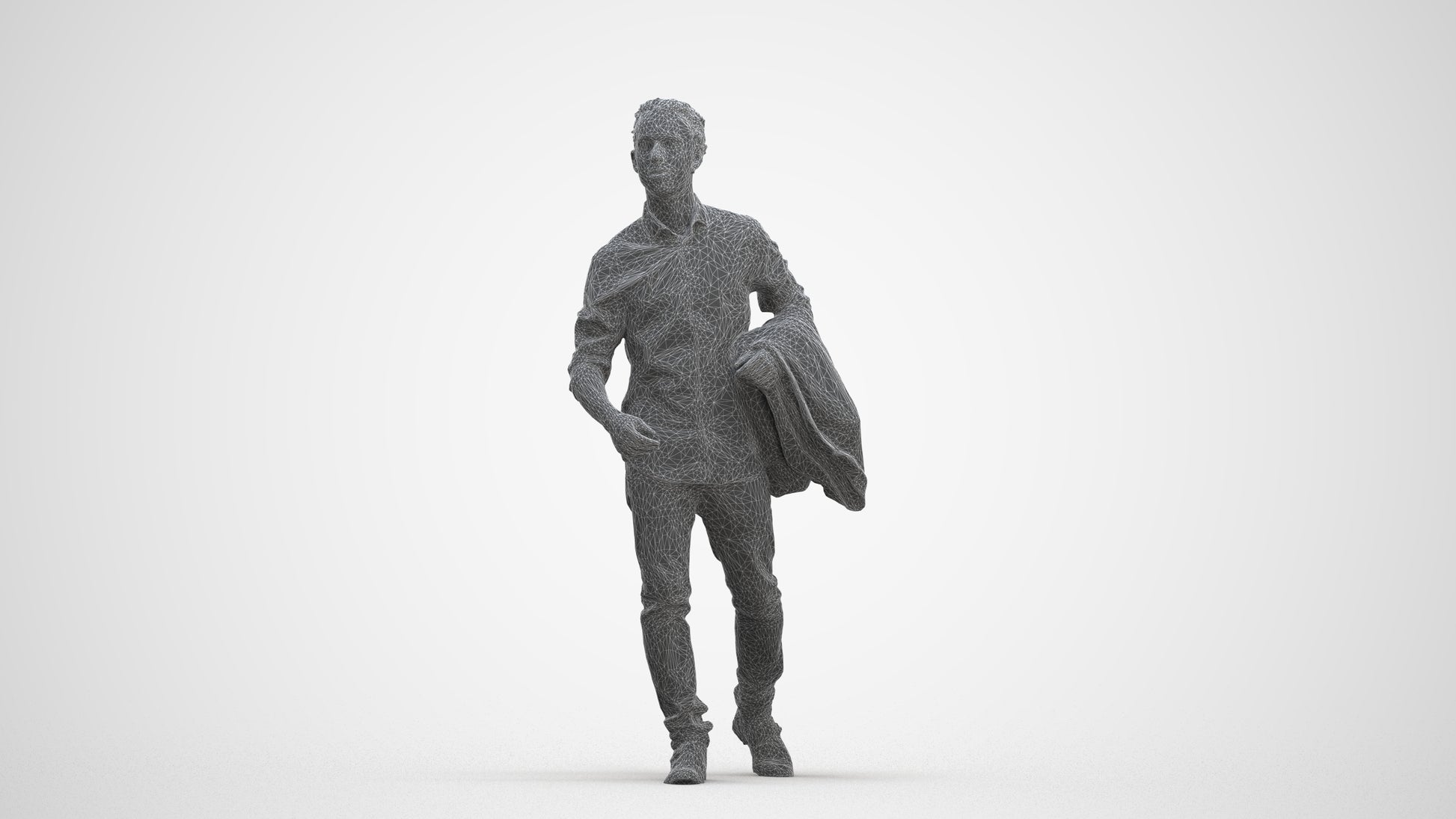 photogrammetry 3D man casual walking, realistic human model archviz FBX, three-quarter front view render