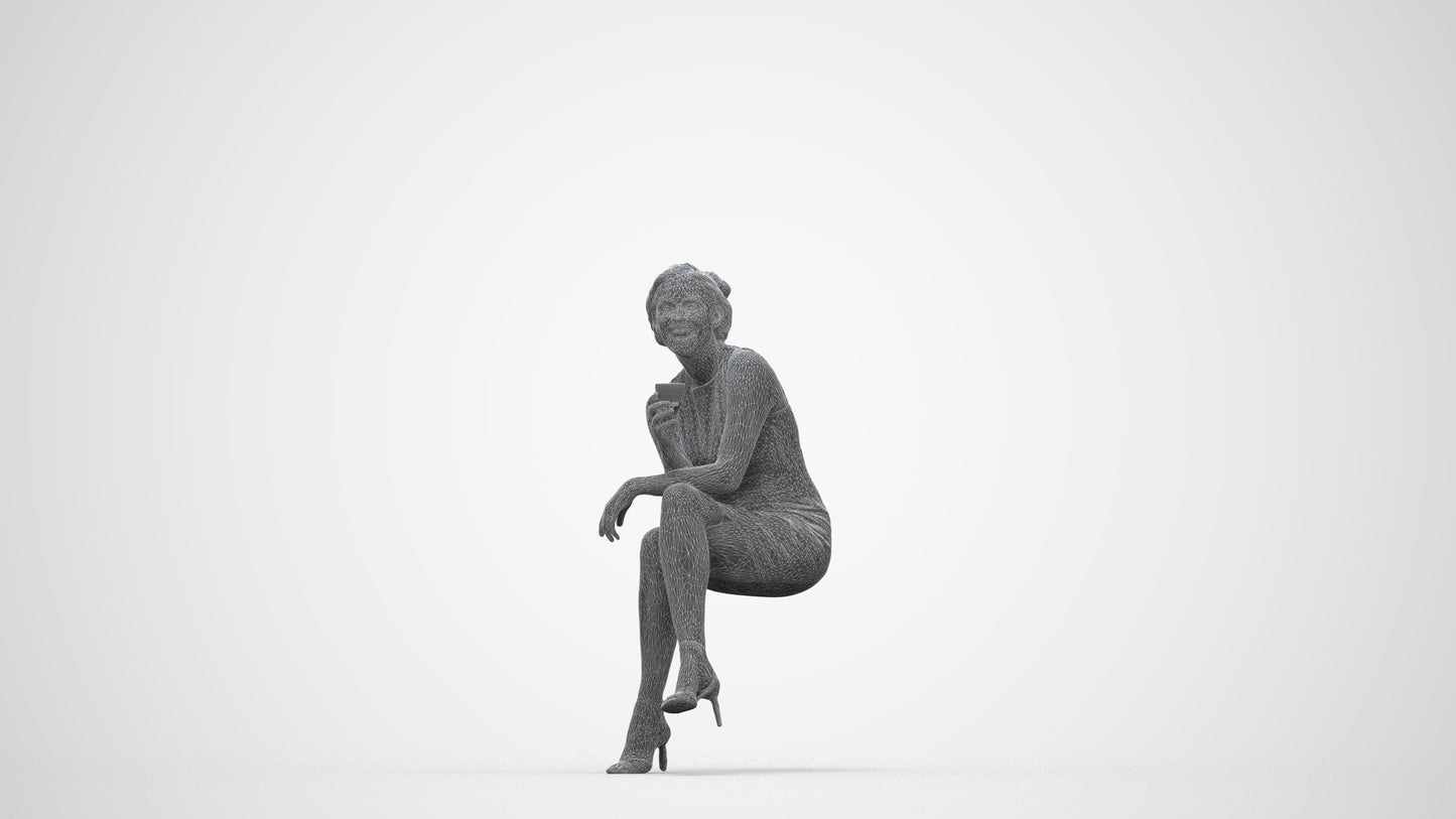 3D people model woman casual sitting, scanned human for 3ds Max rendering, wireframe back view