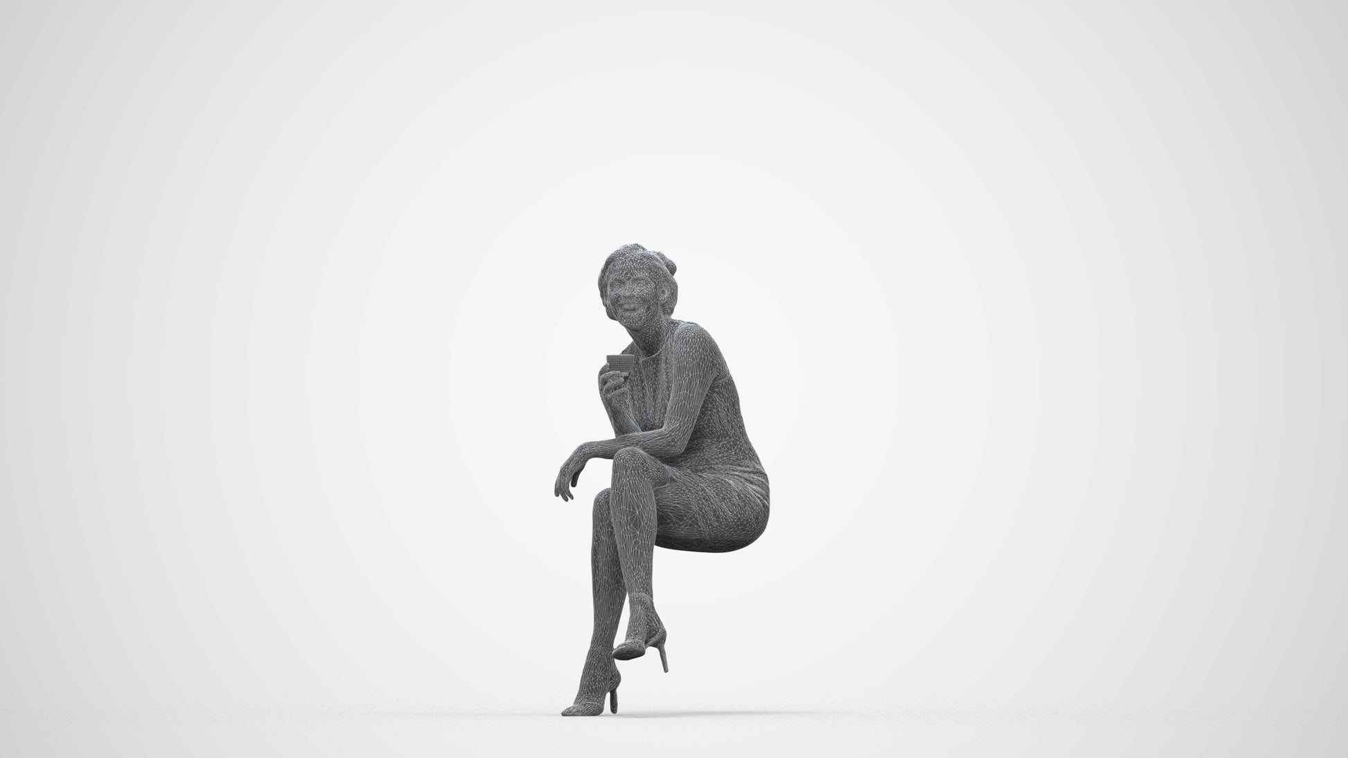 3D people model woman casual sitting, scanned human for 3ds Max rendering, wireframe back view
