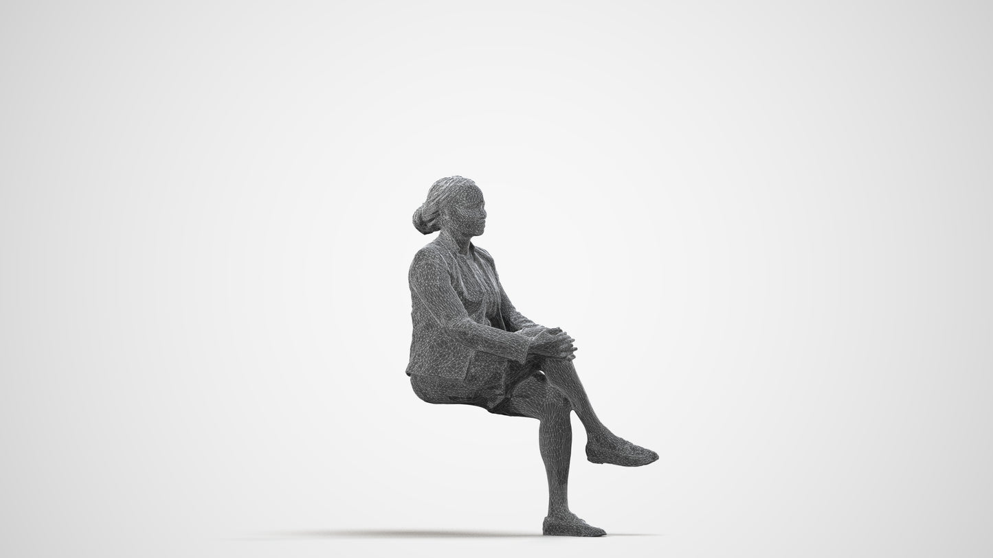 3D human model woman business sitting, photogrammetry scanned person for archviz, wireframe side view