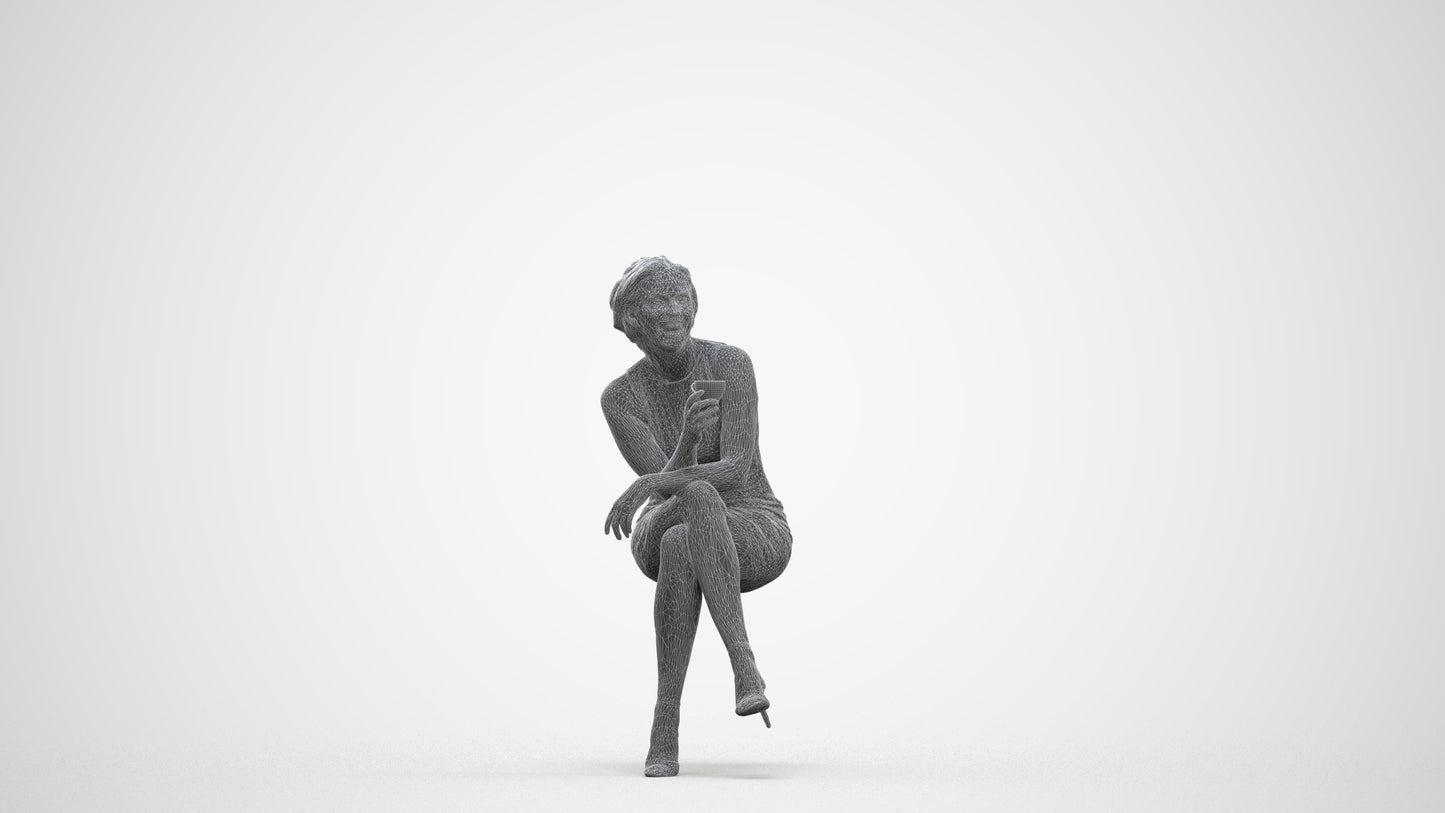 3D people model woman casual sitting, scanned human for 3ds Max rendering, three-quarter front view render