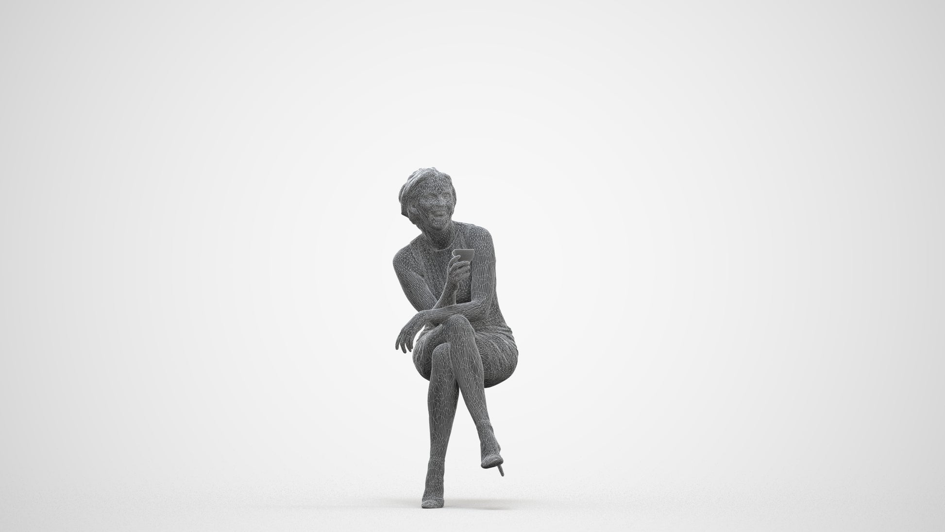 3D people model woman casual sitting, scanned human for 3ds Max rendering, three-quarter front view render