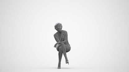 3D people model woman casual sitting, scanned human for 3ds Max rendering, three-quarter front view render